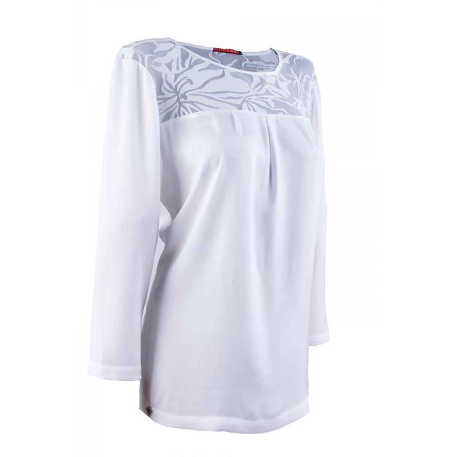 Бяла Сатенена Блуза с Дантела 23524 / 2023