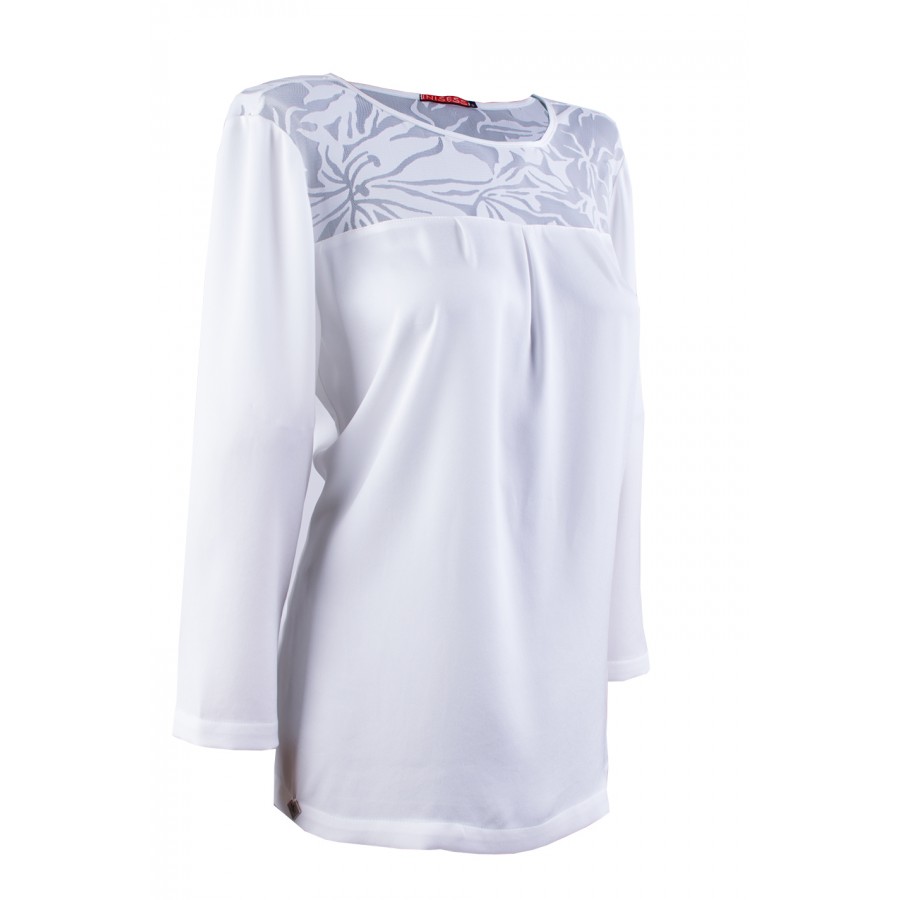 Bluză albă din satin cu dantelă 23524 / 2023 Bluză albă din satin cu dantelă 23524 / 2023