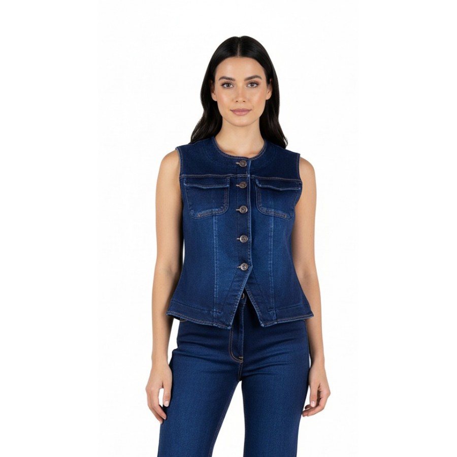 Classic Women's Quilted Denim Vest – Round Neck 25523 / 2025 Classic Women's Quilted Denim Vest – Round Neck 25523 / 2025