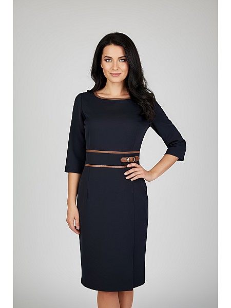 Elegant Black Dress with Leather in Camel Color 25516 / 2025