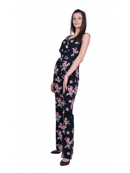 Black Women's Overalls with Floral Pattern 21161