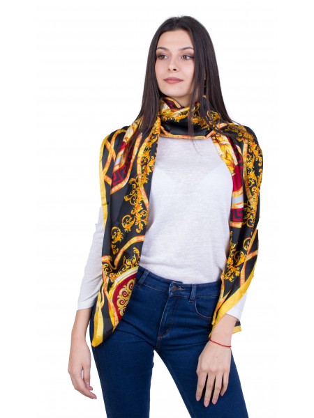 Scarf with modern print in black base SL 07522 BLACK - YELLOW