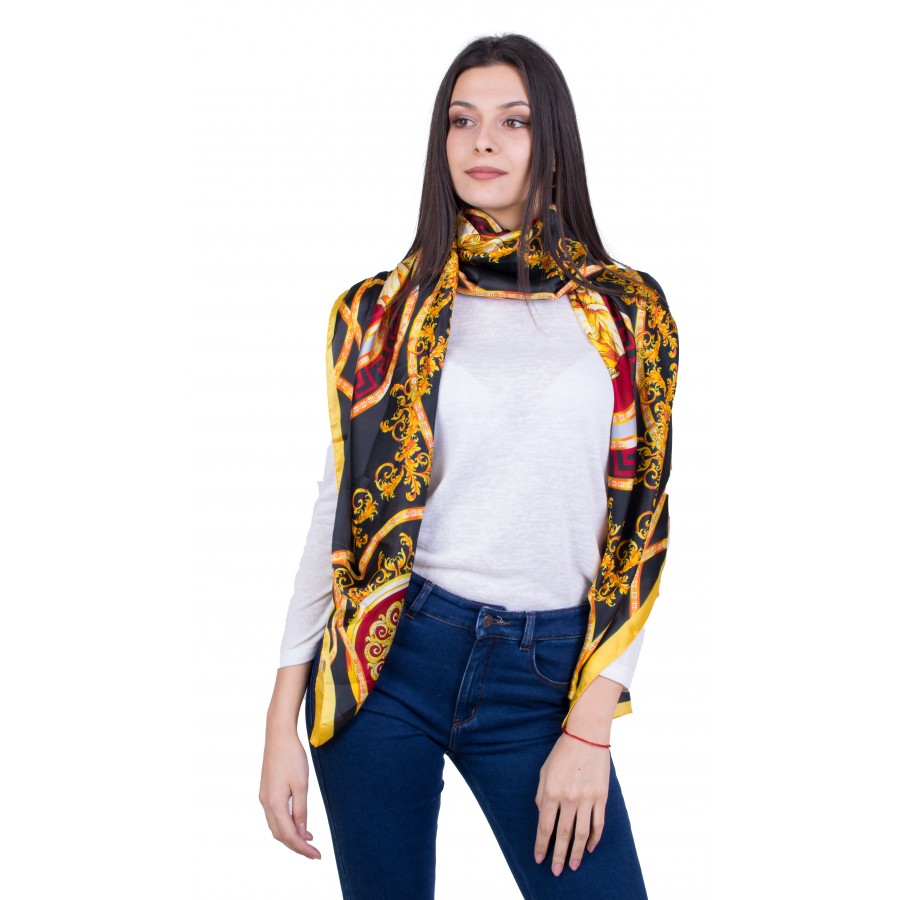 Scarf with modern print in black base SL 07522 BLACK - YELLOW