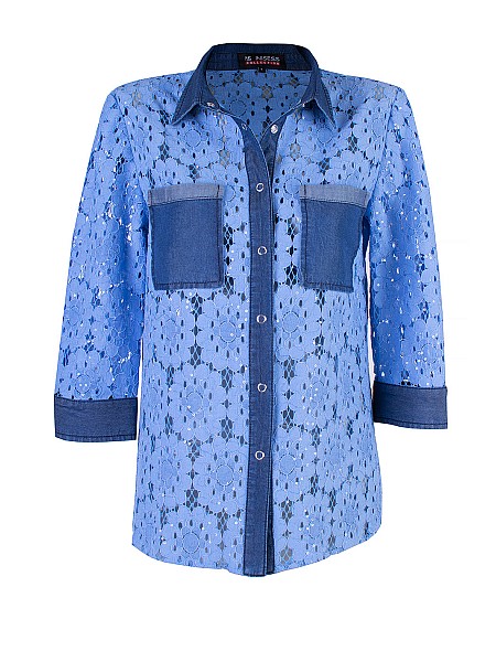 Cămașă de lux din dantelă de bumbac albastră cu Tencel 2122 / 2024 Cămașă de lux din dantelă de bumbac albastră cu Tencel 2122 / 2024