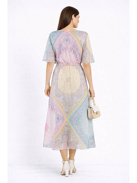 Multicolored chiffon dress with adjustable sleeves 24152 / 2024 Multicolored chiffon dress with adjustable sleeves 24152 / 2024