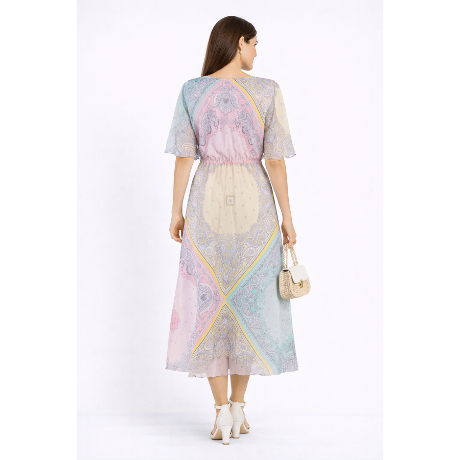 Multicolored chiffon dress with adjustable sleeves 24152 / 2024 Multicolored chiffon dress with adjustable sleeves 24152 / 2024