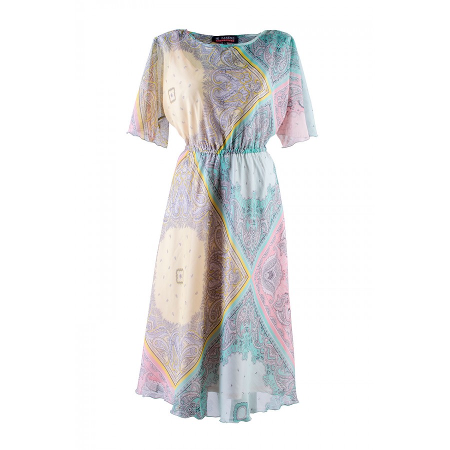 Multicolored chiffon dress with adjustable sleeves 24152 / 2024 Multicolored chiffon dress with adjustable sleeves 24152 / 2024
