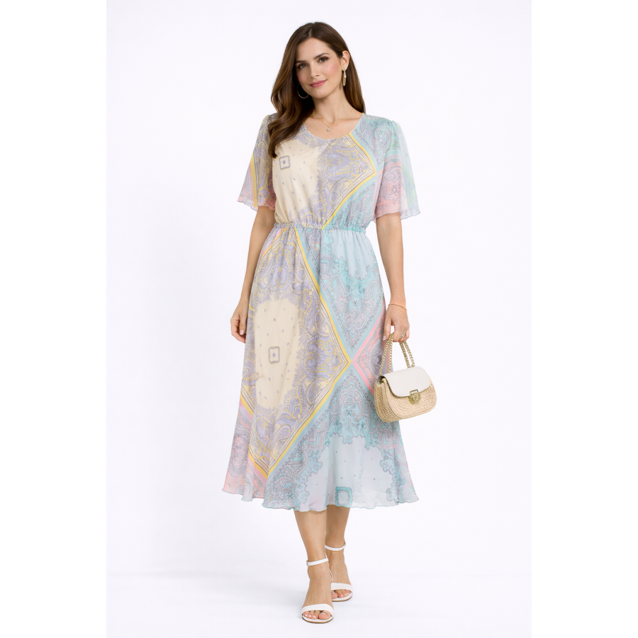 Multicolored chiffon dress with adjustable sleeves 24152 / 2024 Multicolored chiffon dress with adjustable sleeves 24152 / 2024