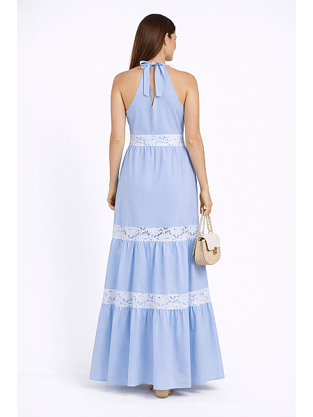 Rochie albastru deschis de vara cu dantela alba 24154 / 2024