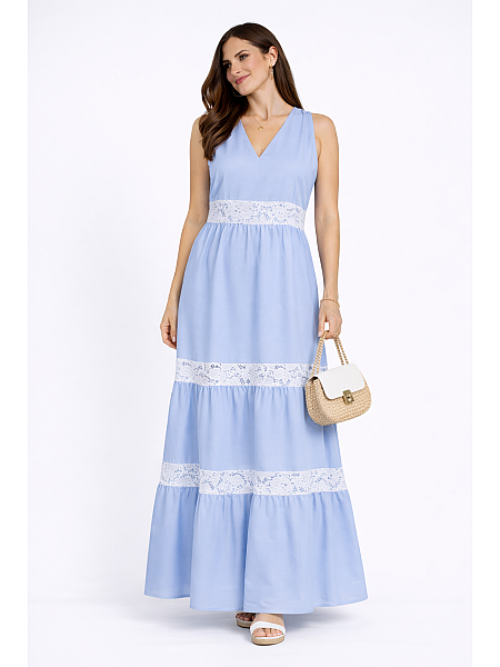 Rochie albastru deschis de vara cu dantela alba 24154 / 2024