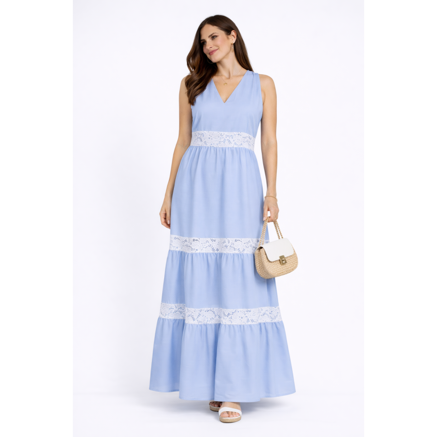 Summer light blue dress with white lace 24154 / 2024 Summer light blue dress with white lace 24154 / 2024