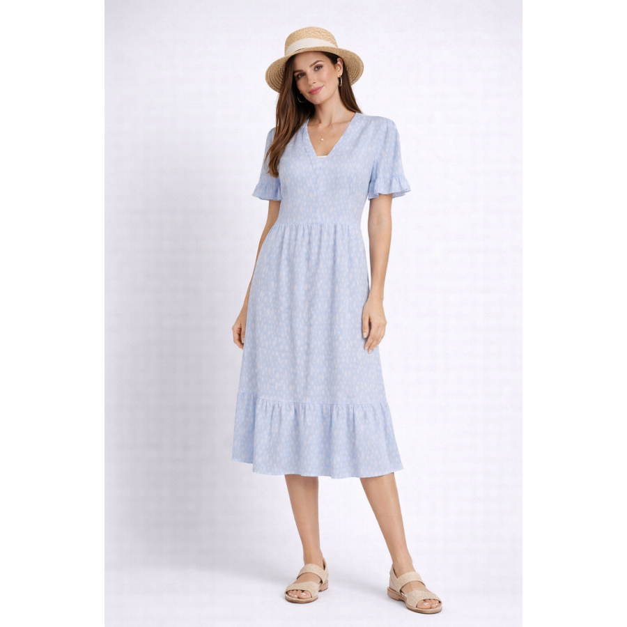 Rochie albastru deschis cu diamante albe si volane 24164 / 2024