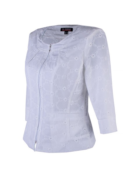 Jachetă elegantă de damă albă cu dantelă brodată 25135 / 2025 Jachetă elegantă de damă albă cu dantelă brodată 25135 / 2025