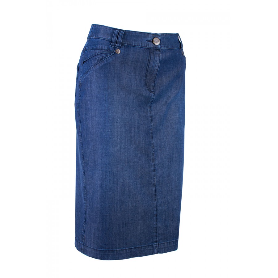Fustă de vară albastră din Tencel cu linie elegantă 25124 / 2025 Fustă de vară albastră din Tencel cu linie elegantă 25124 / 2025