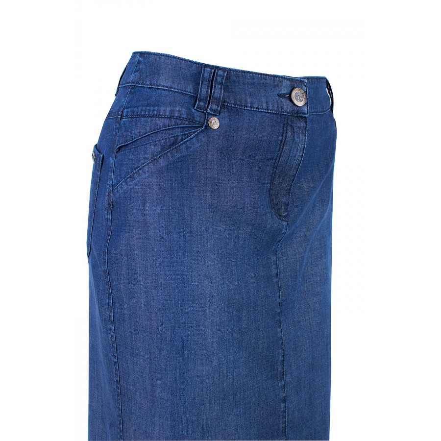 Fustă de vară albastră din Tencel cu linie elegantă 25124 / 2025 Fustă de vară albastră din Tencel cu linie elegantă 25124 / 2025