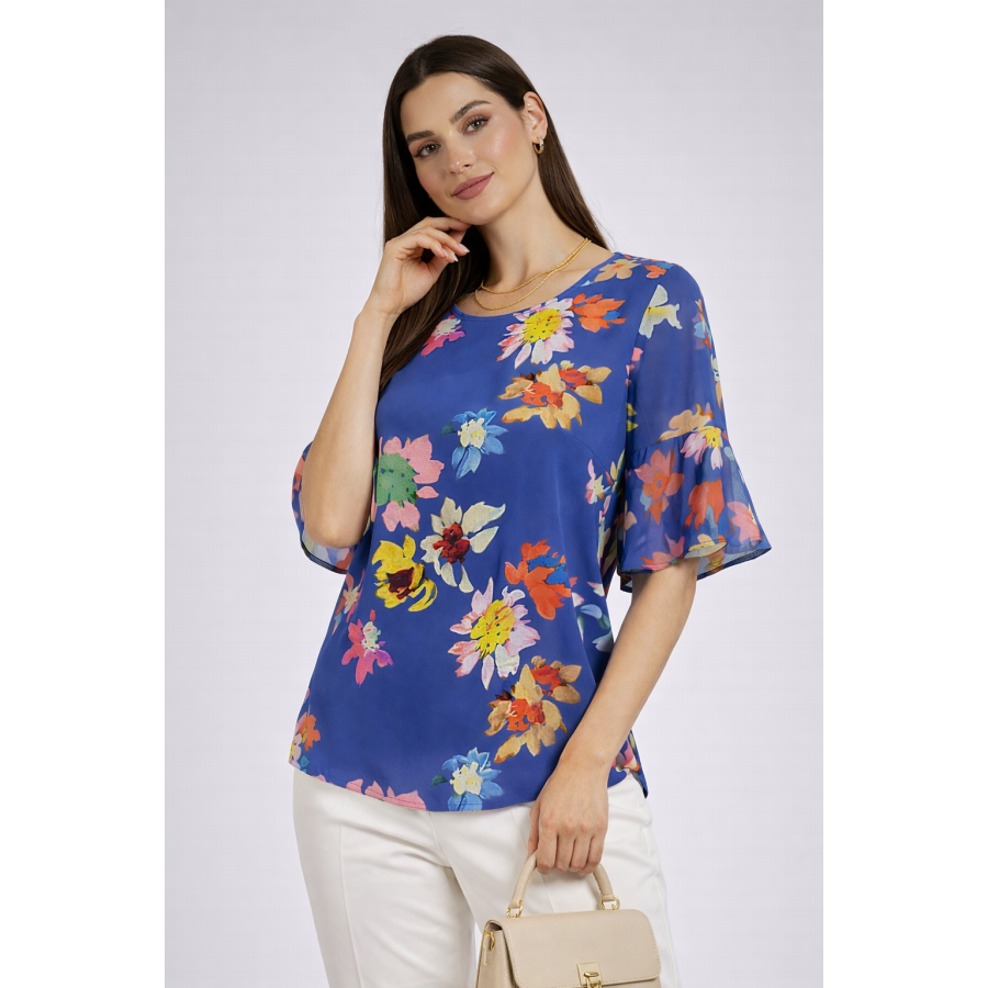 Multicolored Women's Blouse with Blue Base – Floral Style 2026 26115 / 2026 Multicolored Women's Blouse with Blue Base – Floral Style 2026 26115 / 2026