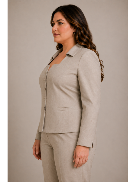 Jachetă elegantă de damă cu dungi din lame 24506 bej Jachetă elegantă de damă cu dungi din lame 24506 bej