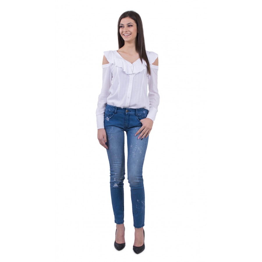 OUTFIT - WHITE STRIPED OPEN SHOULDER SHIRT IN WHITE & STONE WASHED AND RIPPED JEANS | INISESS ®