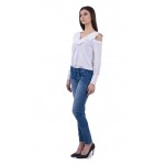 OUTFIT - WHITE STRIPED OPEN SHOULDER SHIRT IN WHITE & STONE WASHED AND RIPPED JEANS | INISESS ®
