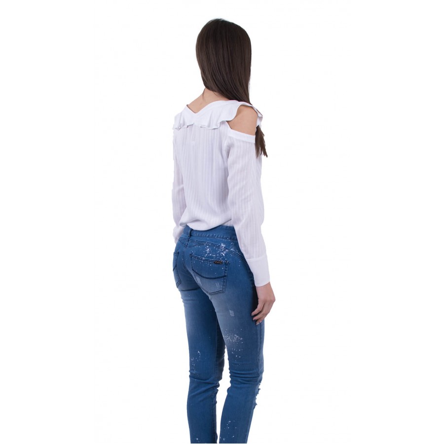 OUTFIT - WHITE STRIPED OPEN SHOULDER SHIRT IN WHITE & STONE WASHED AND RIPPED JEANS | INISESS ®