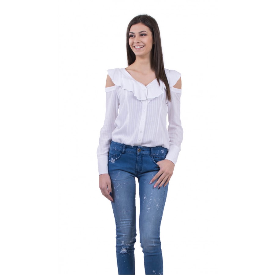 OUTFIT - WHITE STRIPED OPEN SHOULDER SHIRT IN WHITE & STONE WASHED AND RIPPED JEANS | INISESS ®