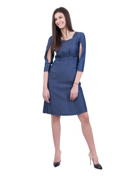 Rochie din denim din Țesătură din denim plăcută și confortabilă R 18106