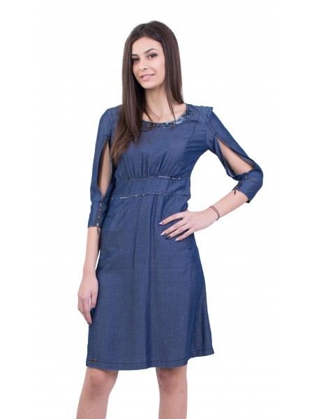 Rochie din denim din Țesătură din denim plăcută și confortabilă R 18106