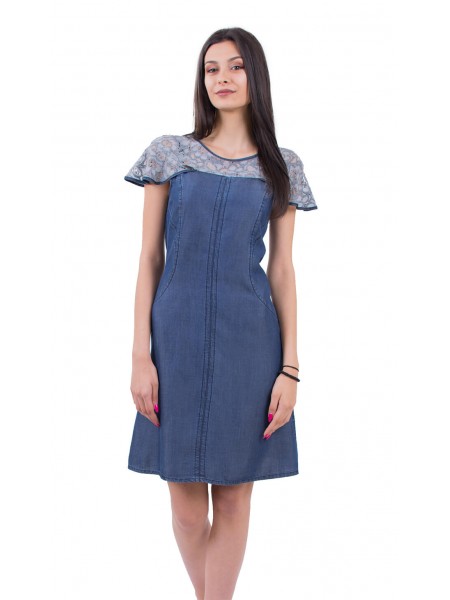 Rochie de vară din denim decupată cu dantelă R 18155