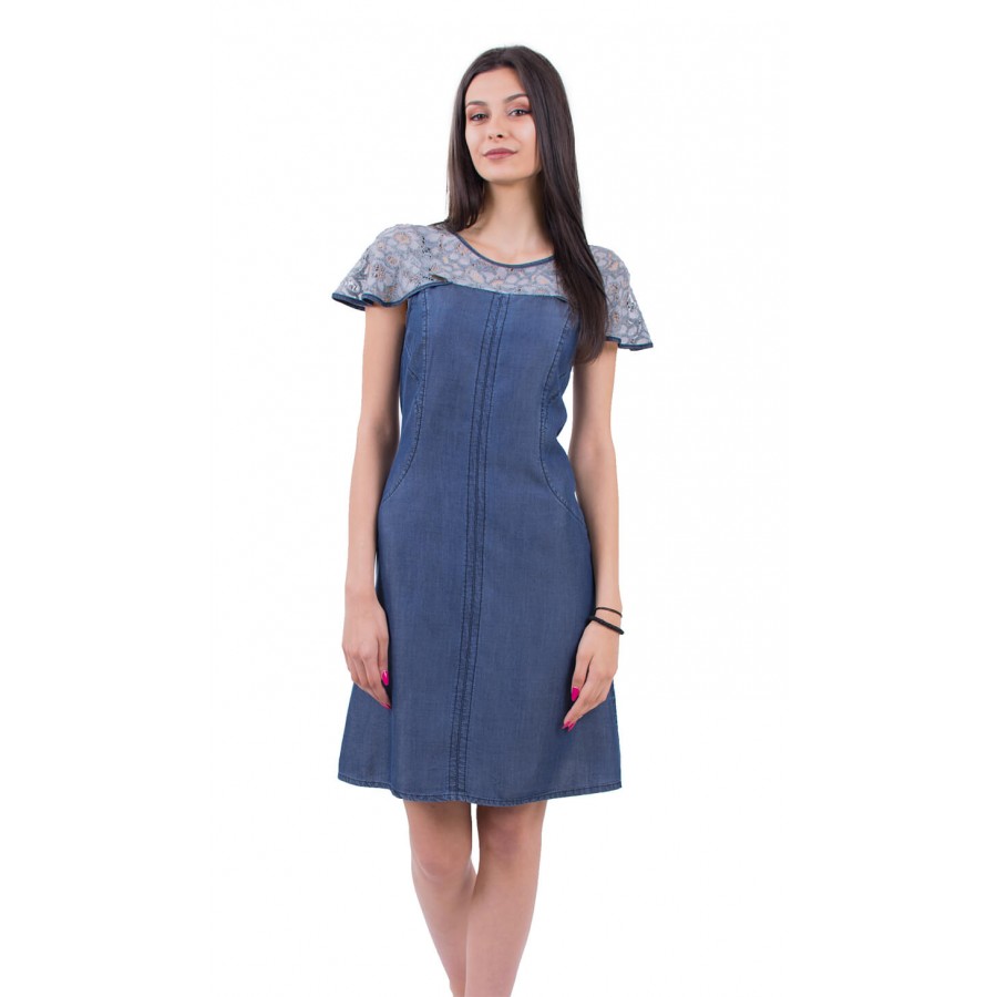 Rochie de vară din denim decupată cu dantelă R 18155