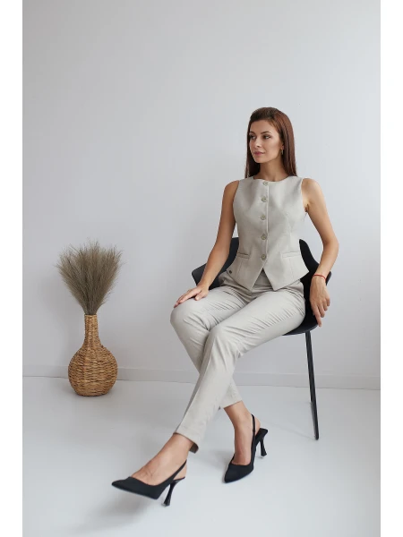 Дамски Бежов Елек с Раирано Ламе 24507 / 2023 Дамски Бежов Елек с Раирано Ламе 24507 / 2023