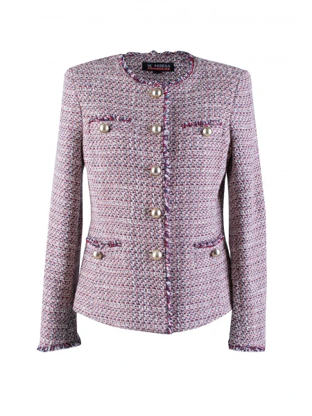 Луксозно Сако от Букле с Екрю, Тъмносиньо и Червено и Ламе Акценти 24502 / 2024 Луксозно Сако от Букле с Екрю, Тъмносиньо и Червено и Ламе Акценти 24502 / 2024