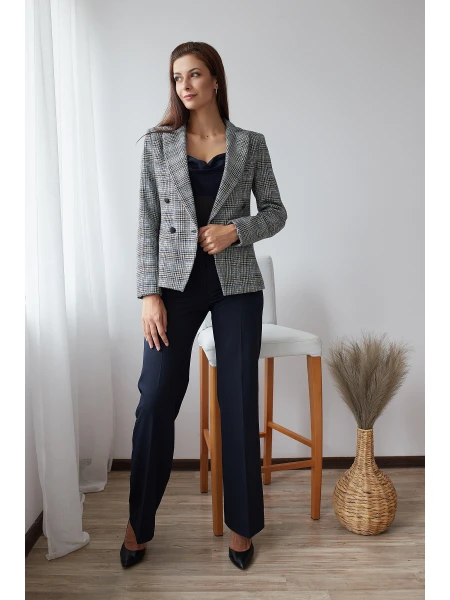 Women's Double Breasted Woolen Jacket in Gray and Blue Check 24526 / 2024