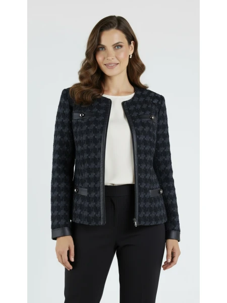 Jachetă neagră de damă cu detalii antracit și piele 24536 / 2025