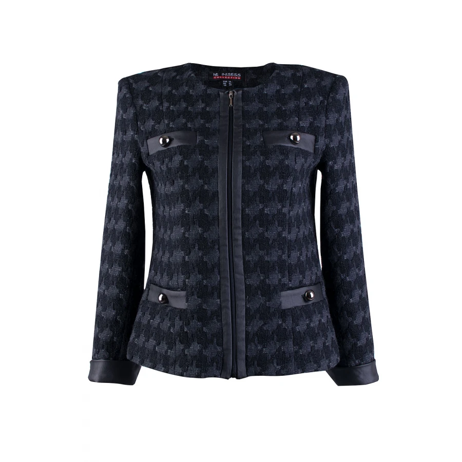 Черно Дамско Сако с Антрацит и Кожени Детайли 24536 / 2025 Черно Дамско Сако с Антрацит и Кожени Детайли 24536 / 2025