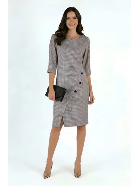 Елегантна Дамска Вълнена Рокля Пепит и Декоративни Копчета 24528 / 2024