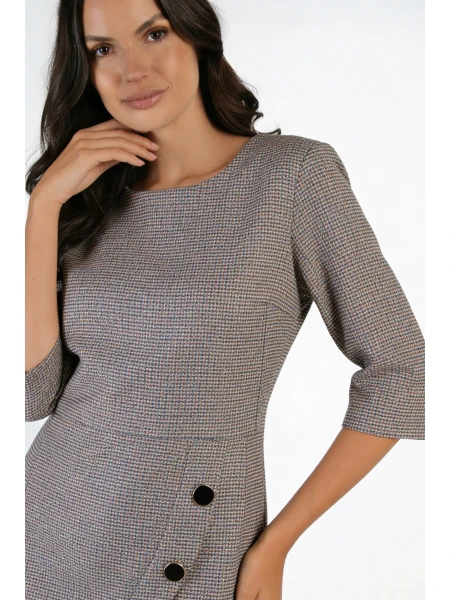 Елегантна Дамска Вълнена Рокля Пепит и Декоративни Копчета 24528 / 2024