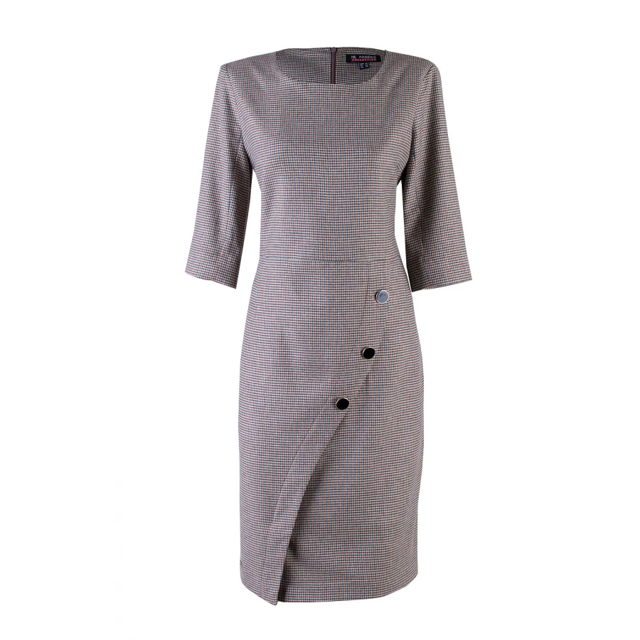 Елегантна Дамска Вълнена Рокля Пепит и Декоративни Копчета 24528 / 2024 Елегантна Дамска Вълнена Рокля Пепит и Декоративни Копчета 24528 / 2024