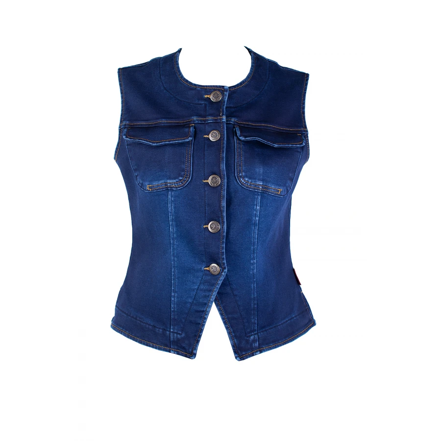 Vestă clasică din denim matlasat pentru femei – Guler rotund 25523 / 2025