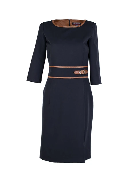 Елегантна Черна Рокля с Кожа в Цвят Camel 25516 / 2025