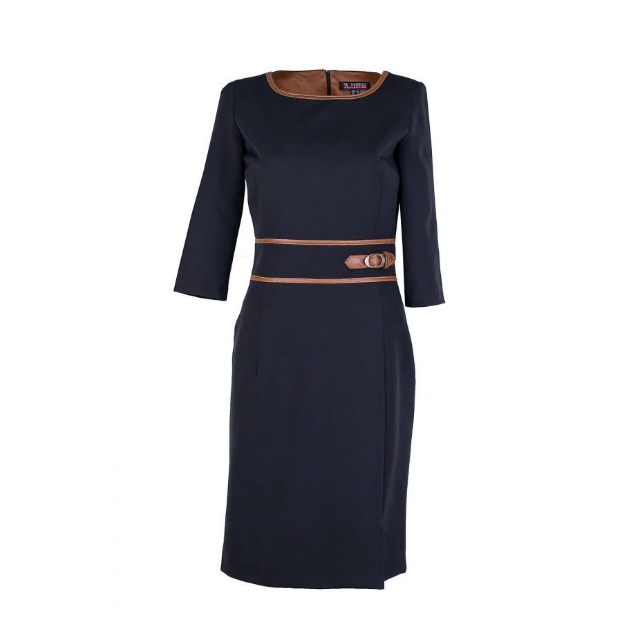 Елегантна Черна Рокля с Кожа в Цвят Camel 25516 / 2025