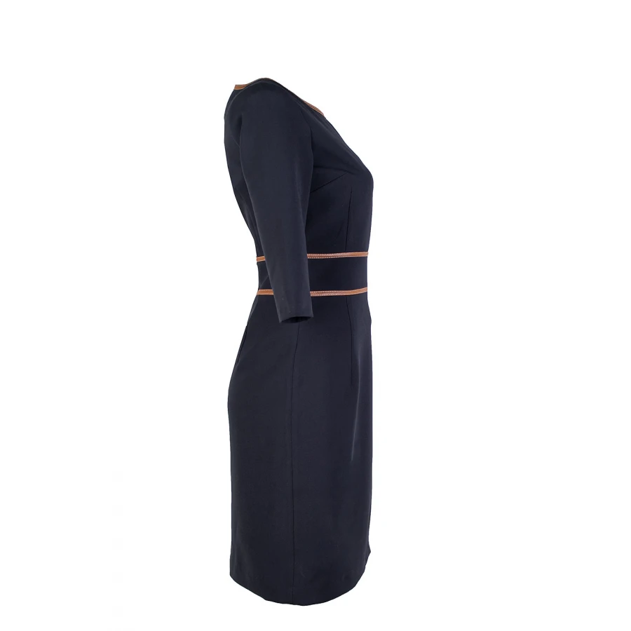 Елегантна Черна Рокля с Кожа в Цвят Camel 25516 / 2025