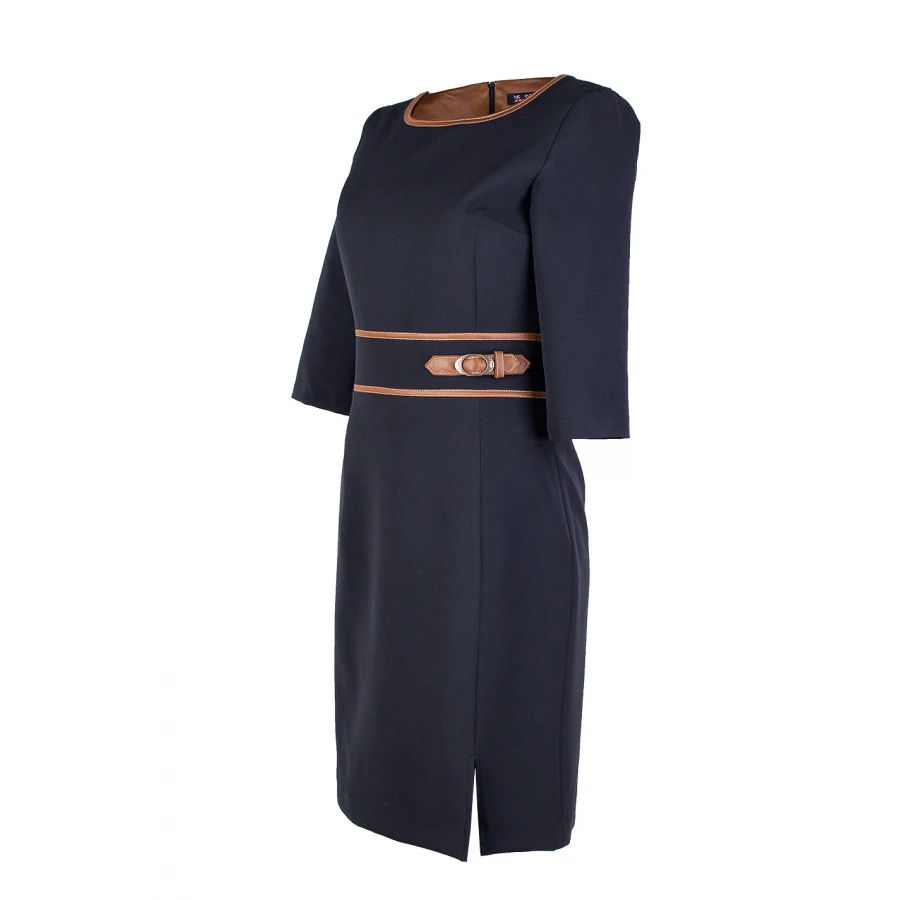 Елегантна Черна Рокля с Кожа в Цвят Camel 25516 / 2025