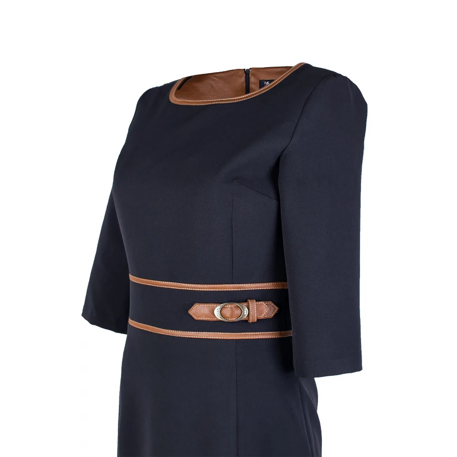 Елегантна Черна Рокля с Кожа в Цвят Camel 25516 / 2025