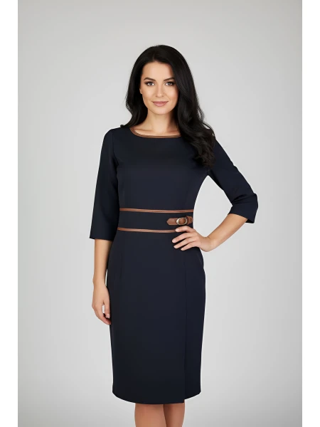 Елегантна Черна Рокля с Кожа в Цвят Camel 25516 / 2025