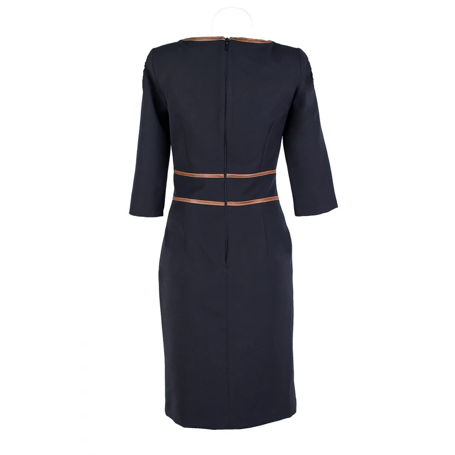 Елегантна Черна Рокля с Кожа в Цвят Camel 25516 / 2025