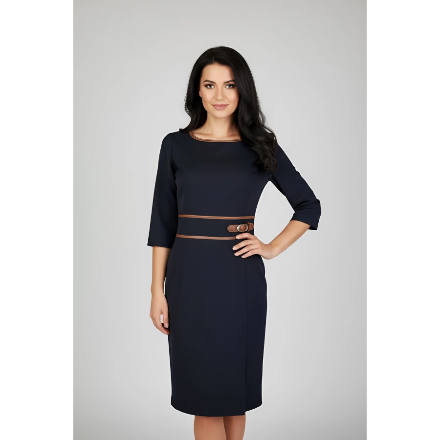 Елегантна Черна Рокля с Кожа в Цвят Camel 25516 / 2025