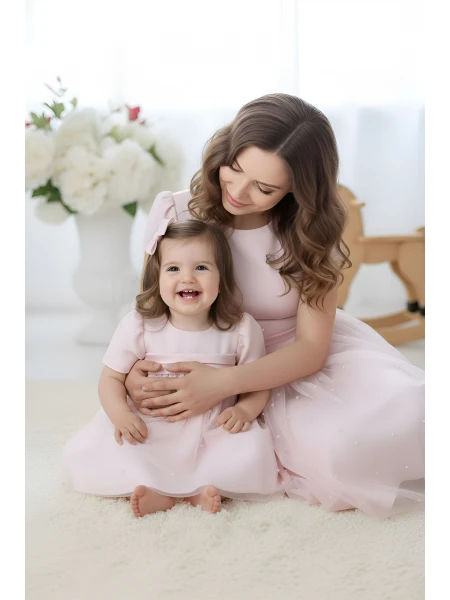 Anne Kız Elbise Seti – Bebek Pembesi Tül ve İncili 25701 - 702 / 2025