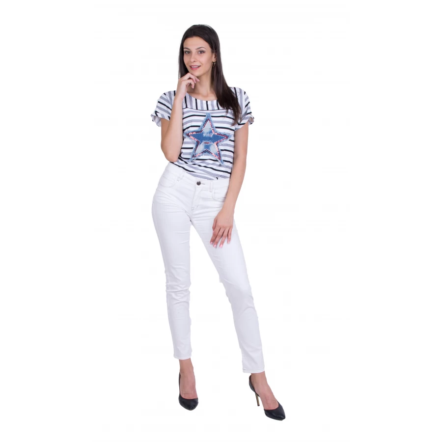 Set bluză pentru femei cu pantaloni albi din bumbac 19213 - 167 / 2019 Set bluză pentru femei cu pantaloni albi din bumbac 19213 - 167 / 2019