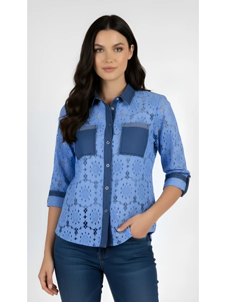 Луксозна Дамска Риза от Синя Памучна Дантела с Тенсел 24122 / 2024