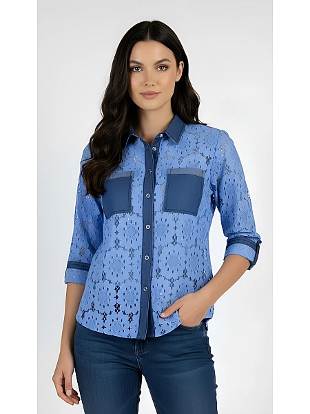 Cămașă de lux din dantelă de bumbac albastră cu Tencel 2122 / 2024